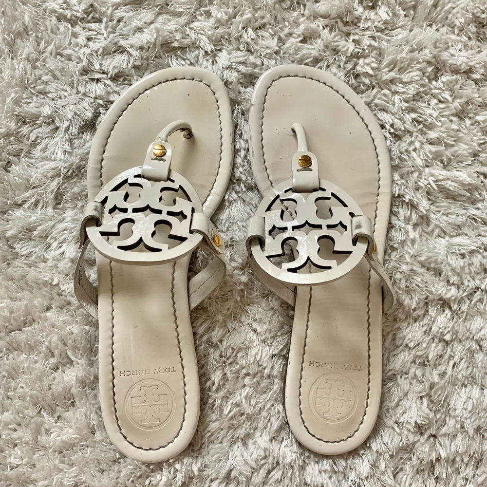 White Tory Burch Leather Miller Flip-Flops - Size 8